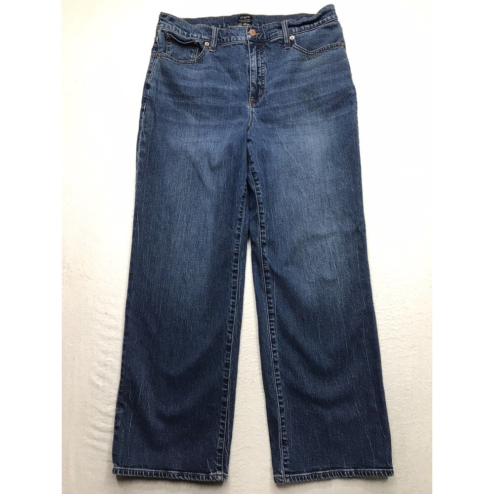 J CREW Full Length Wide Leg Jean Women 32(34x30) Whiskered Stone Wash Stretch